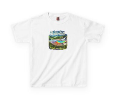 White T-Shirt with Colorful Landscape Design