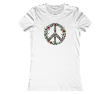 White T-Shirt with Floral Peace Sign Design