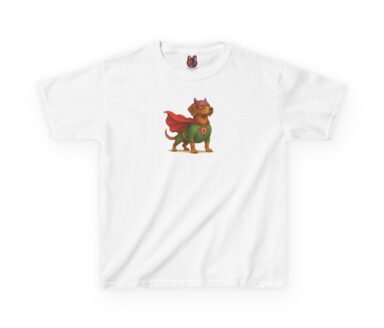 T-shirt avec chien en costume de super-héros