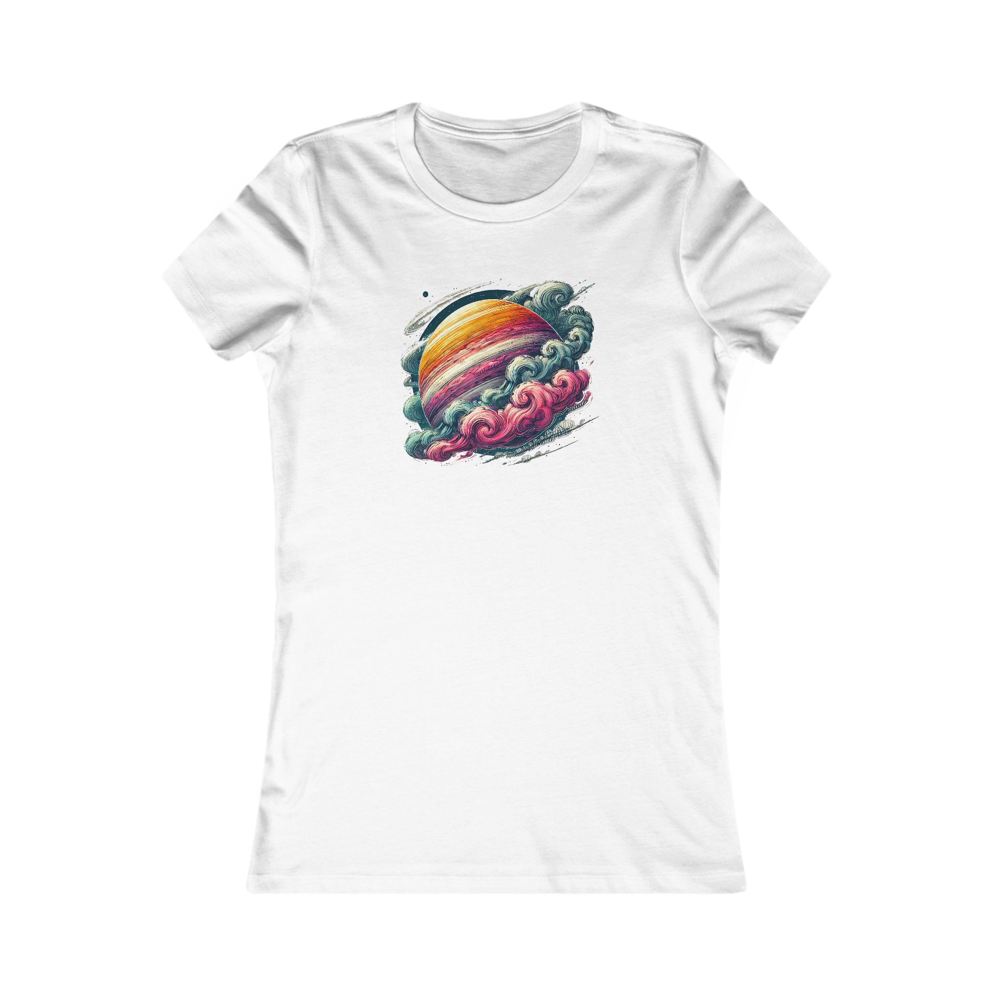 White t-shirt featuring a colorful planet design surrounded by clouds in a vibrant illustration.