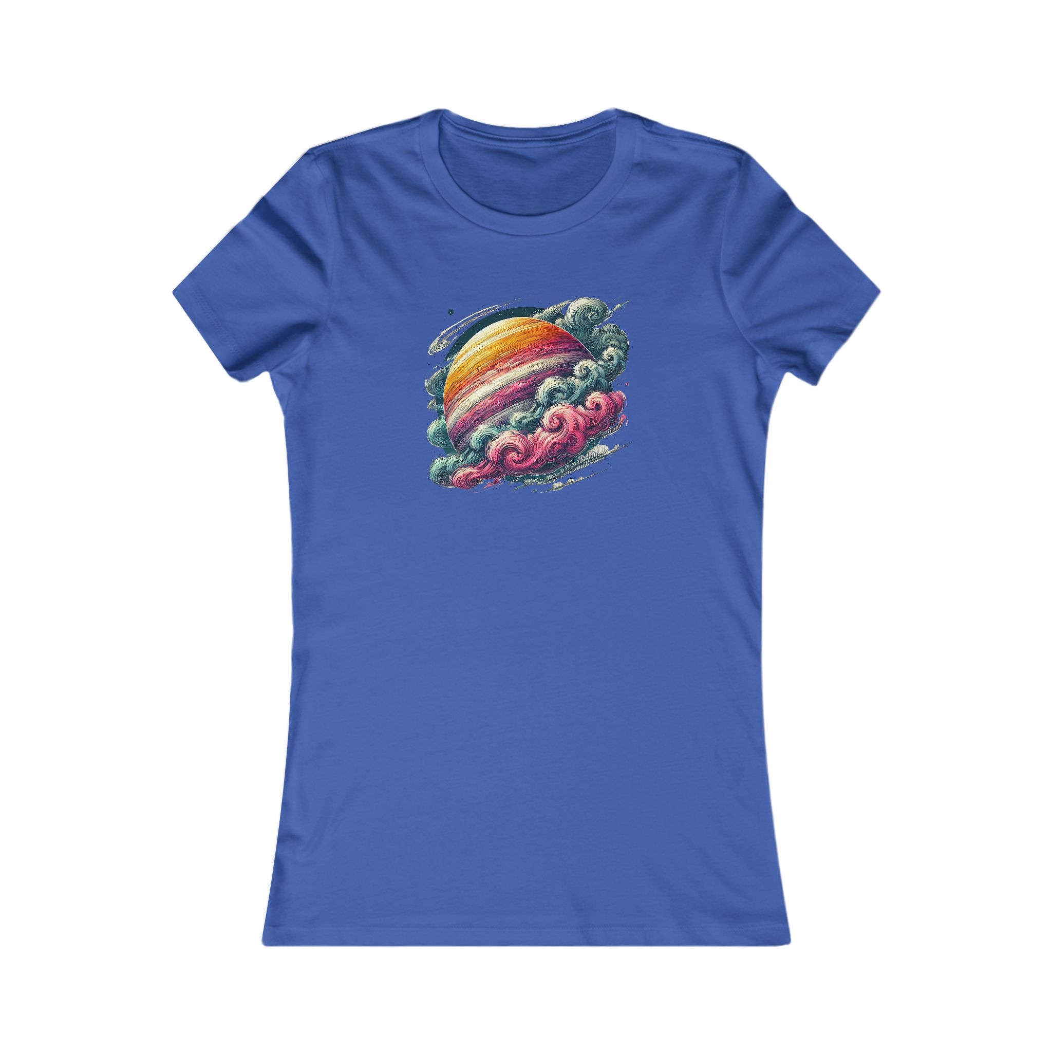 Blue t-shirt featuring a colorful planet design surrounded by clouds.