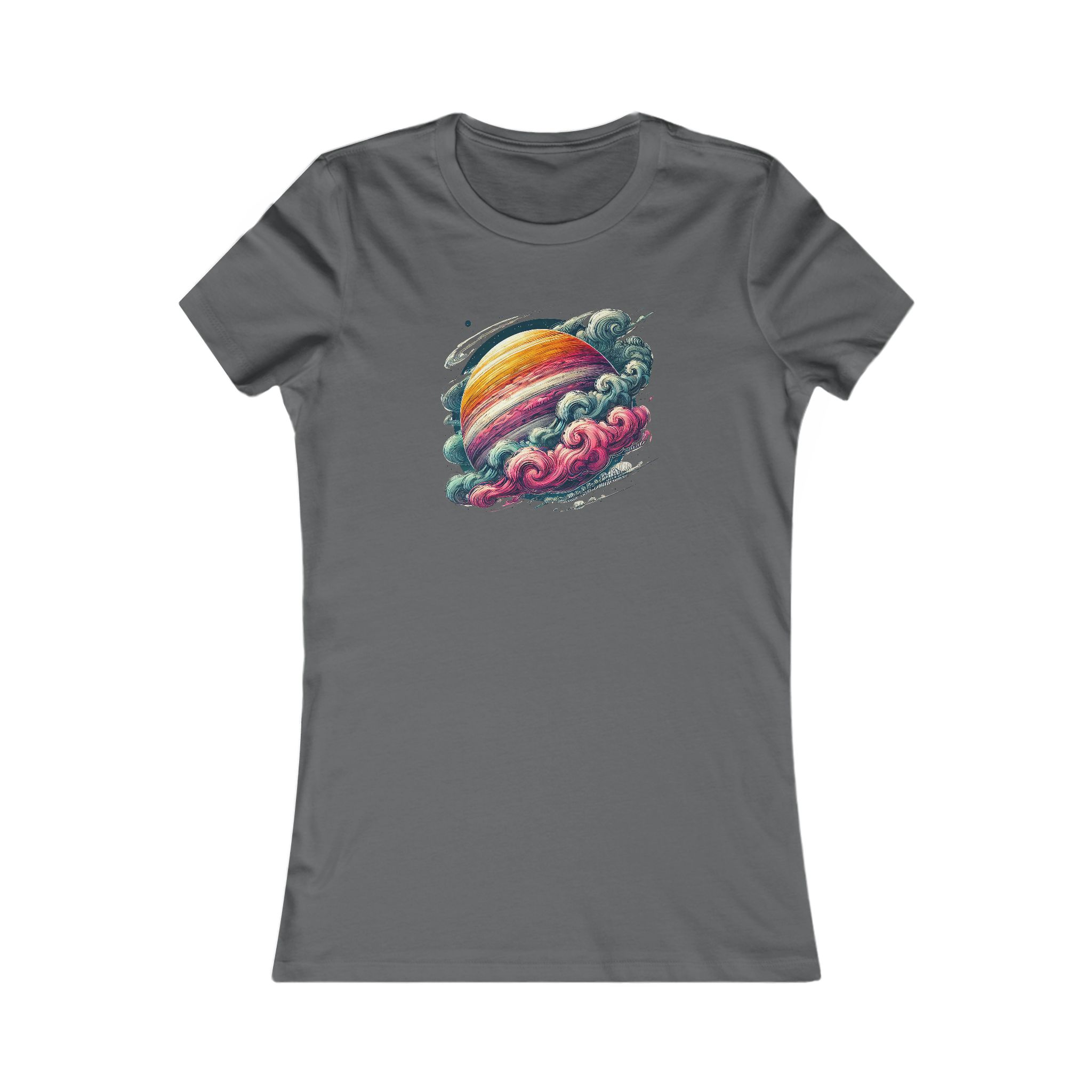 Gray t-shirt featuring a colorful planet design surrounded by clouds.