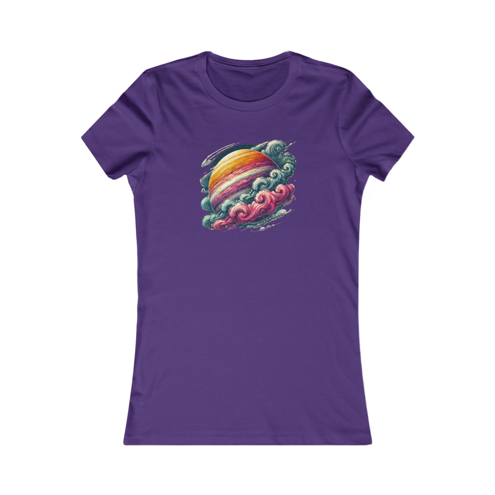 Purple t-shirt featuring a colorful planet surrounded by clouds in a graphic design.
