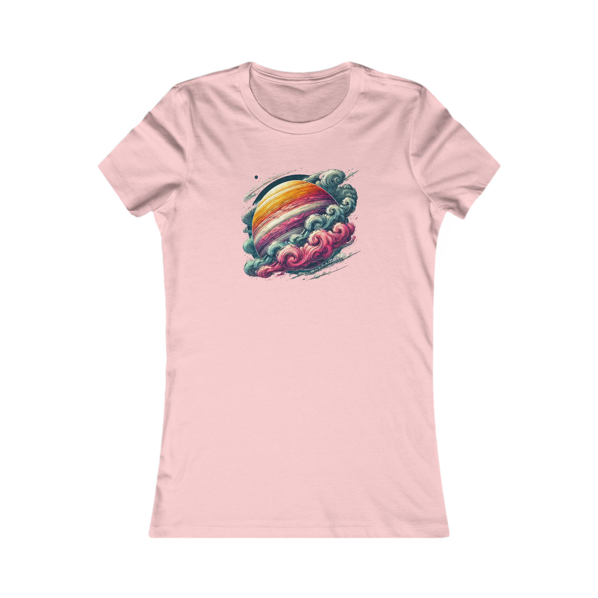 Pink t-shirt featuring a colorful planet design surrounded by clouds in a whimsical style.