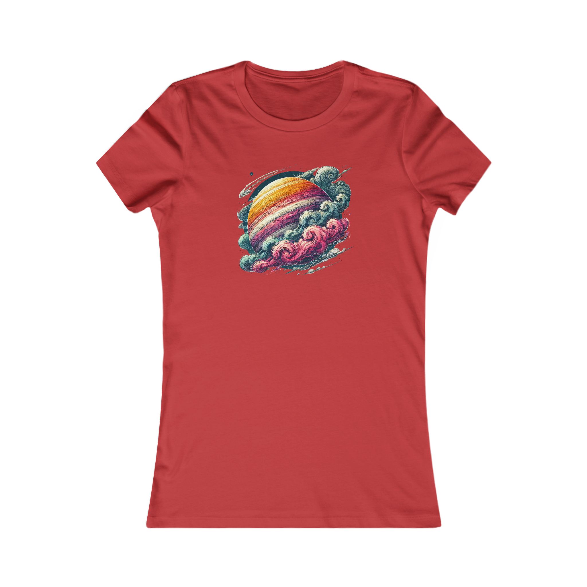 Red t-shirt featuring a colorful planet design surrounded by clouds and swirls.