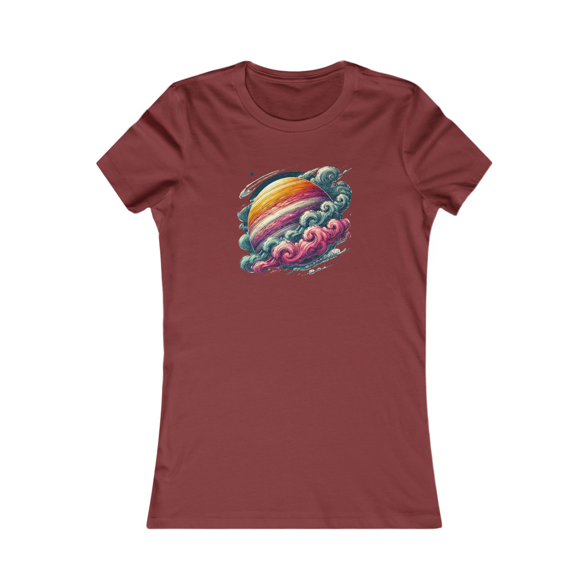 Maroon t-shirt featuring a colorful planet design surrounded by clouds.