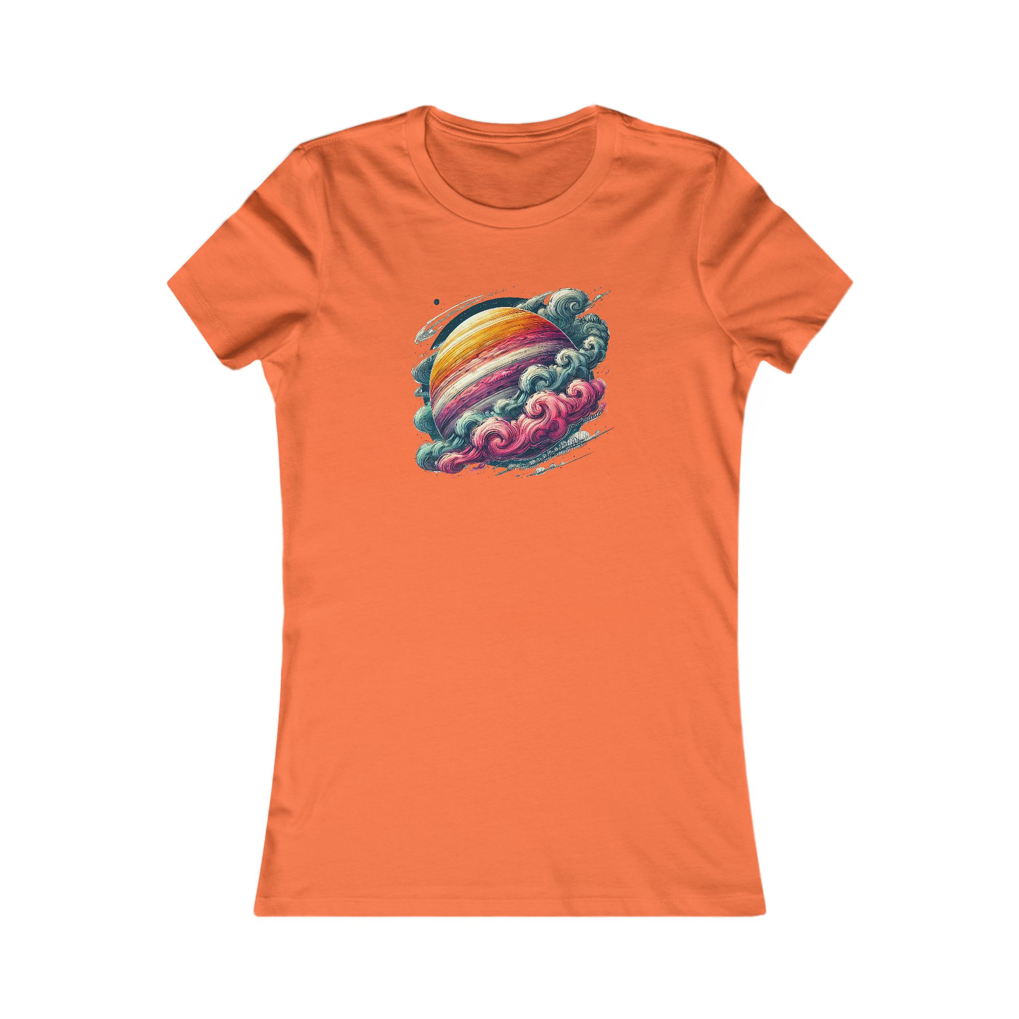 Orange t-shirt featuring a colorful planet design surrounded by clouds and stars.