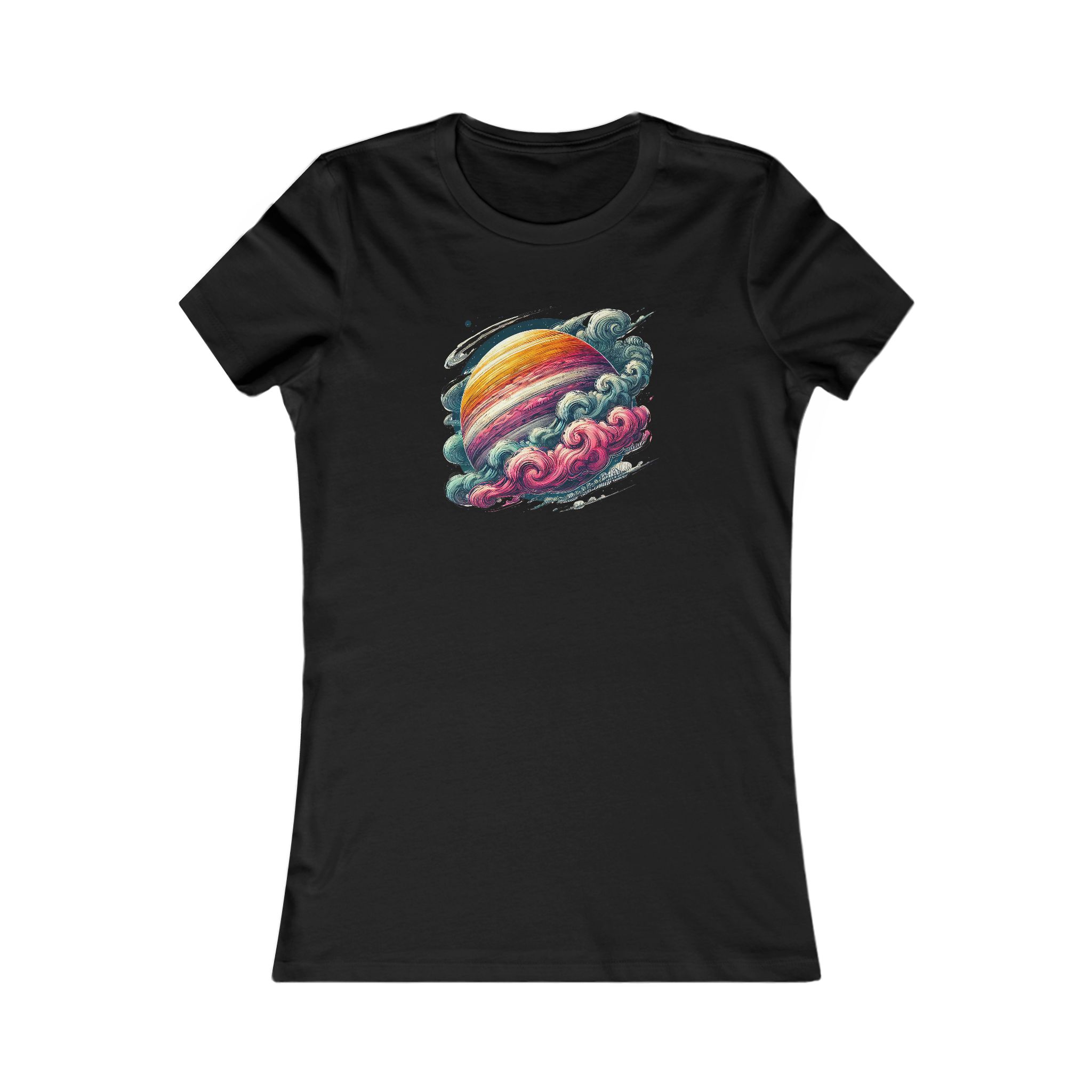 Black t-shirt featuring a colorful graphic of a planet surrounded by clouds.