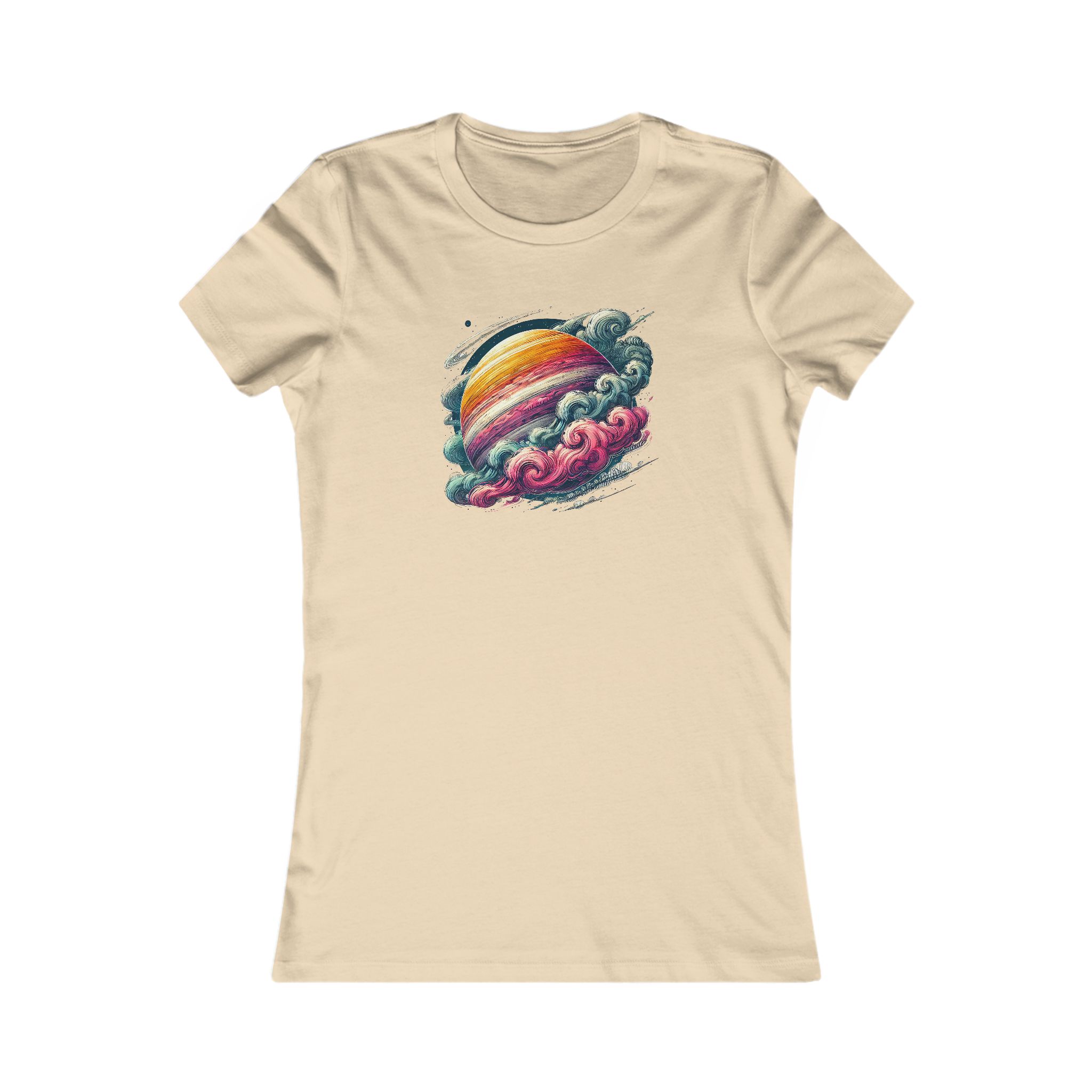Beige graphic t-shirt featuring a colorful planet surrounded by clouds.