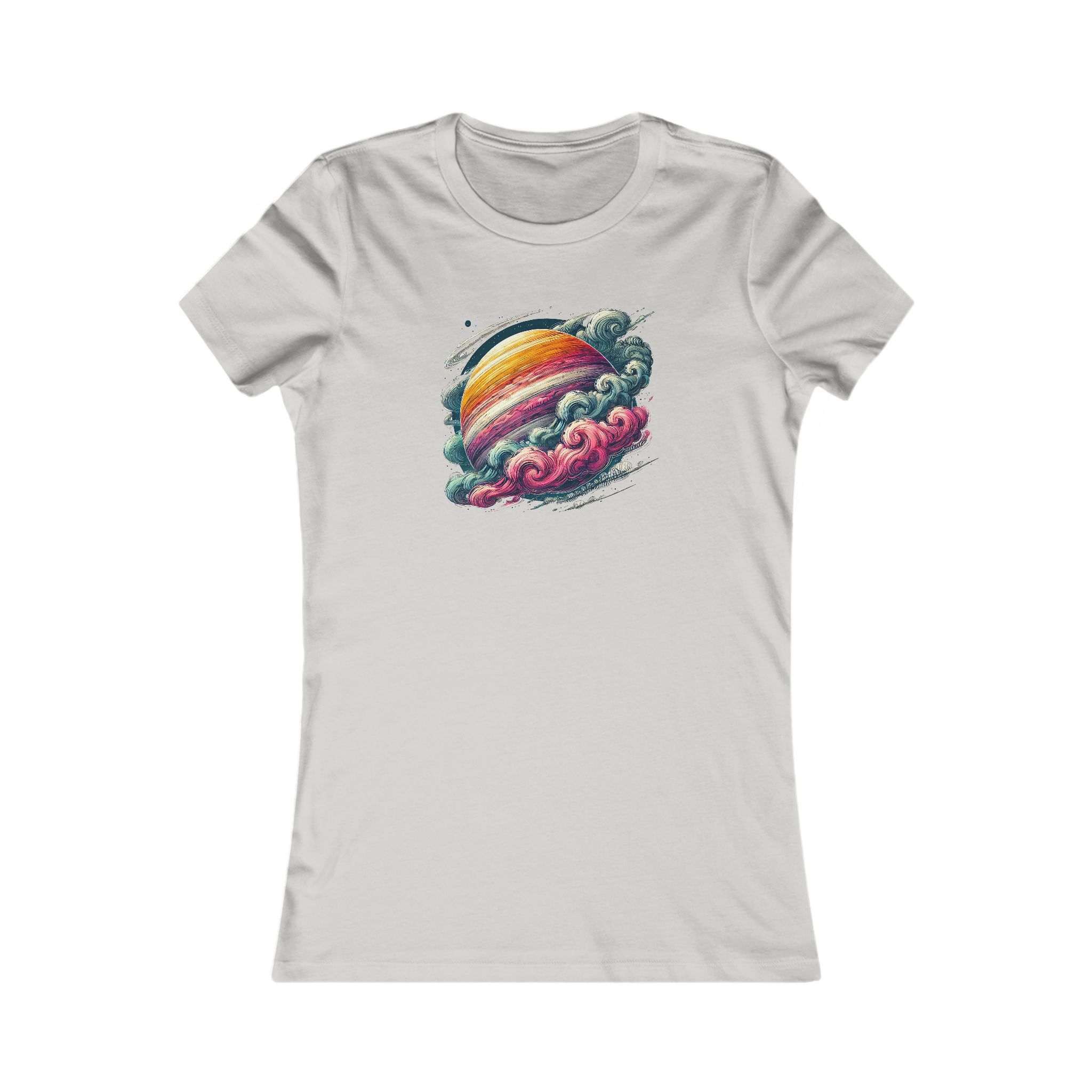 Light gray t-shirt featuring a colorful graphic of a planet surrounded by clouds.