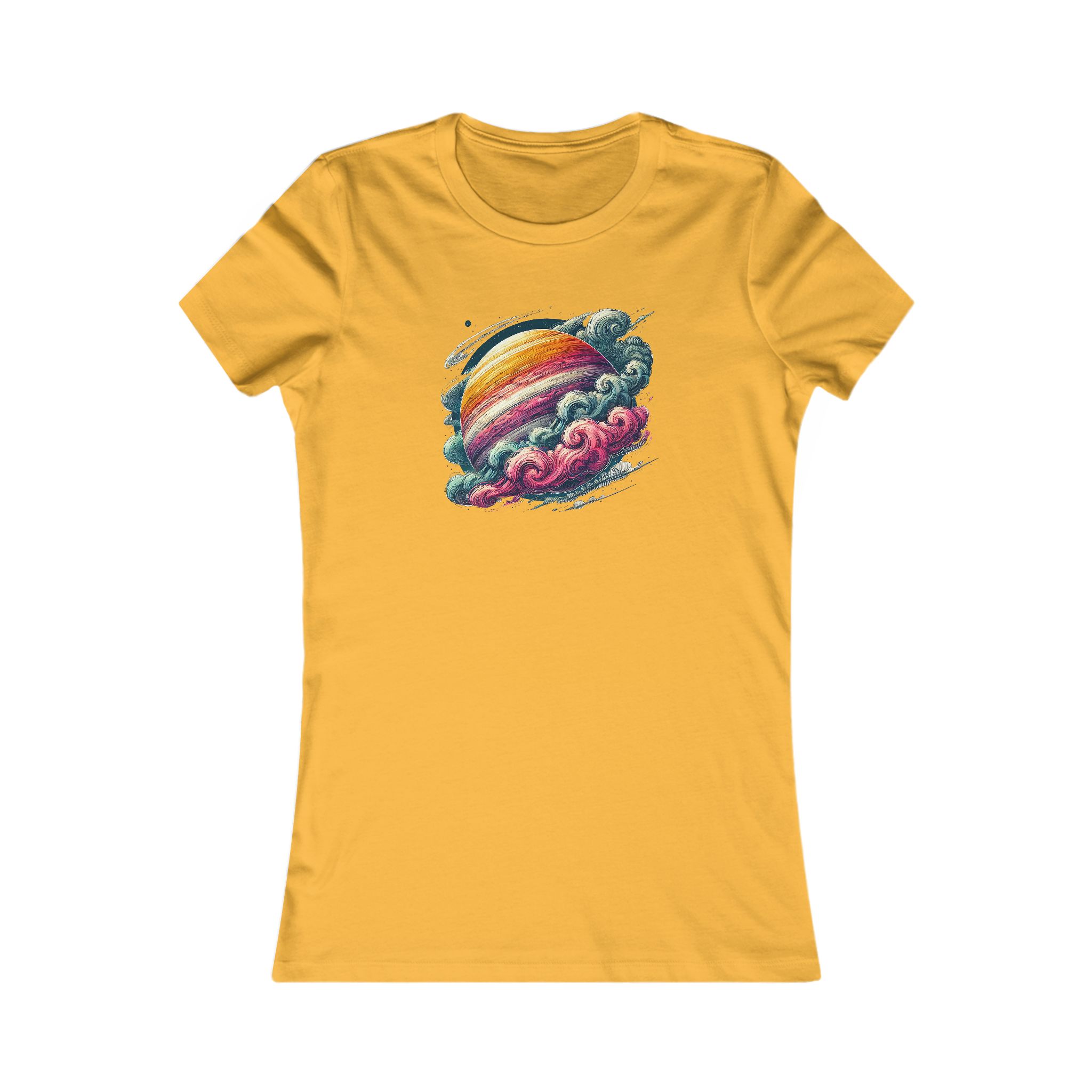 Yellow t-shirt featuring a colorful planet design surrounded by clouds.