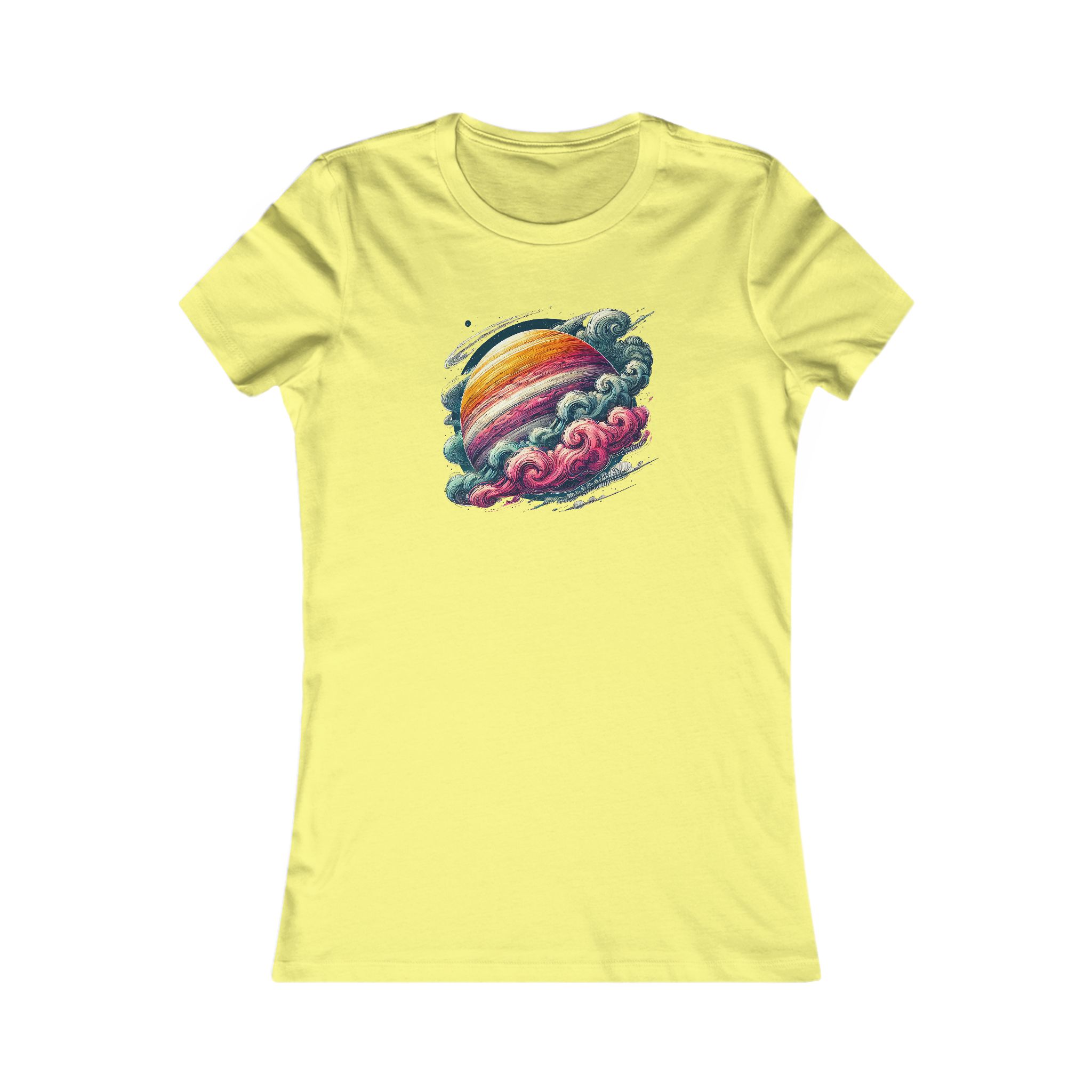 Yellow t-shirt featuring a colorful planet design surrounded by clouds in a vibrant illustration.