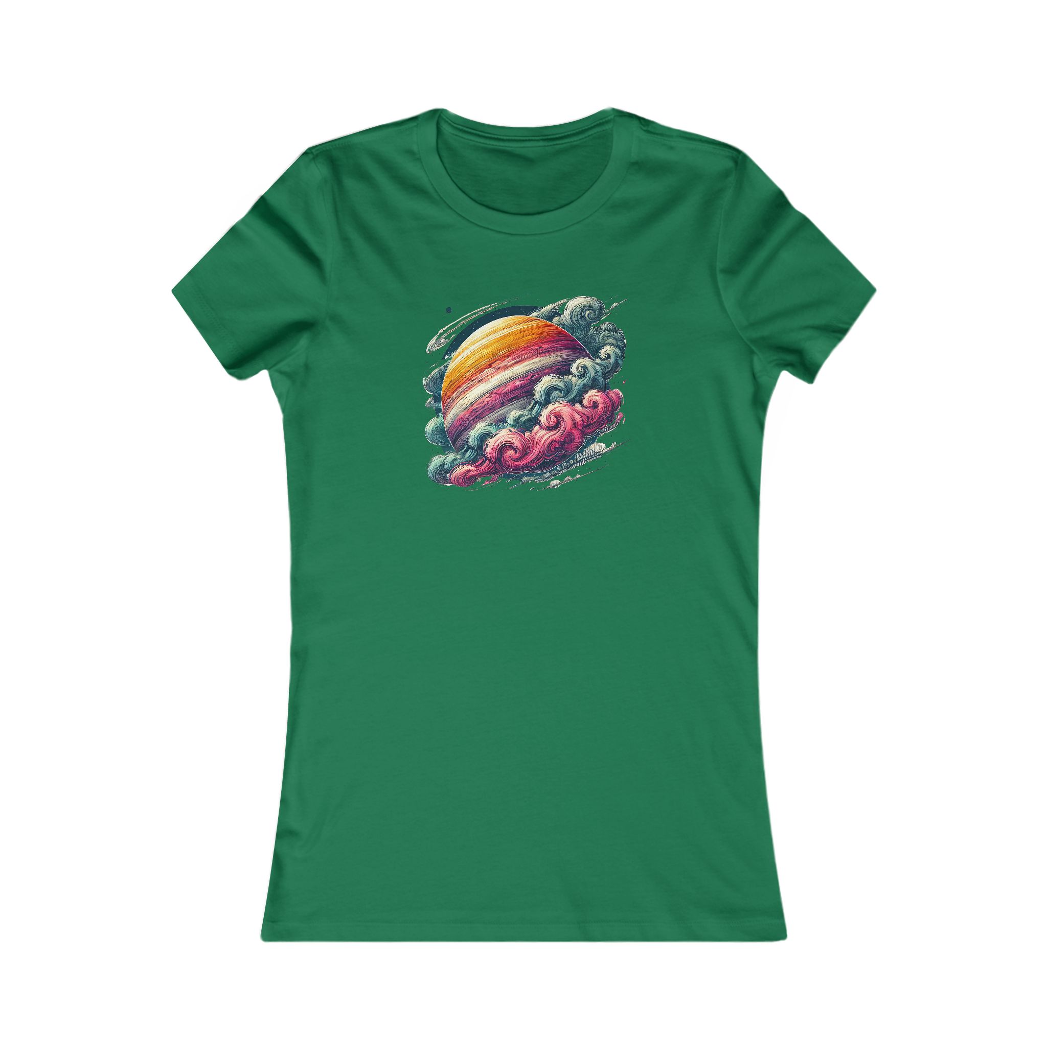 Green t-shirt featuring a colorful planet design with clouds and swirling colors.