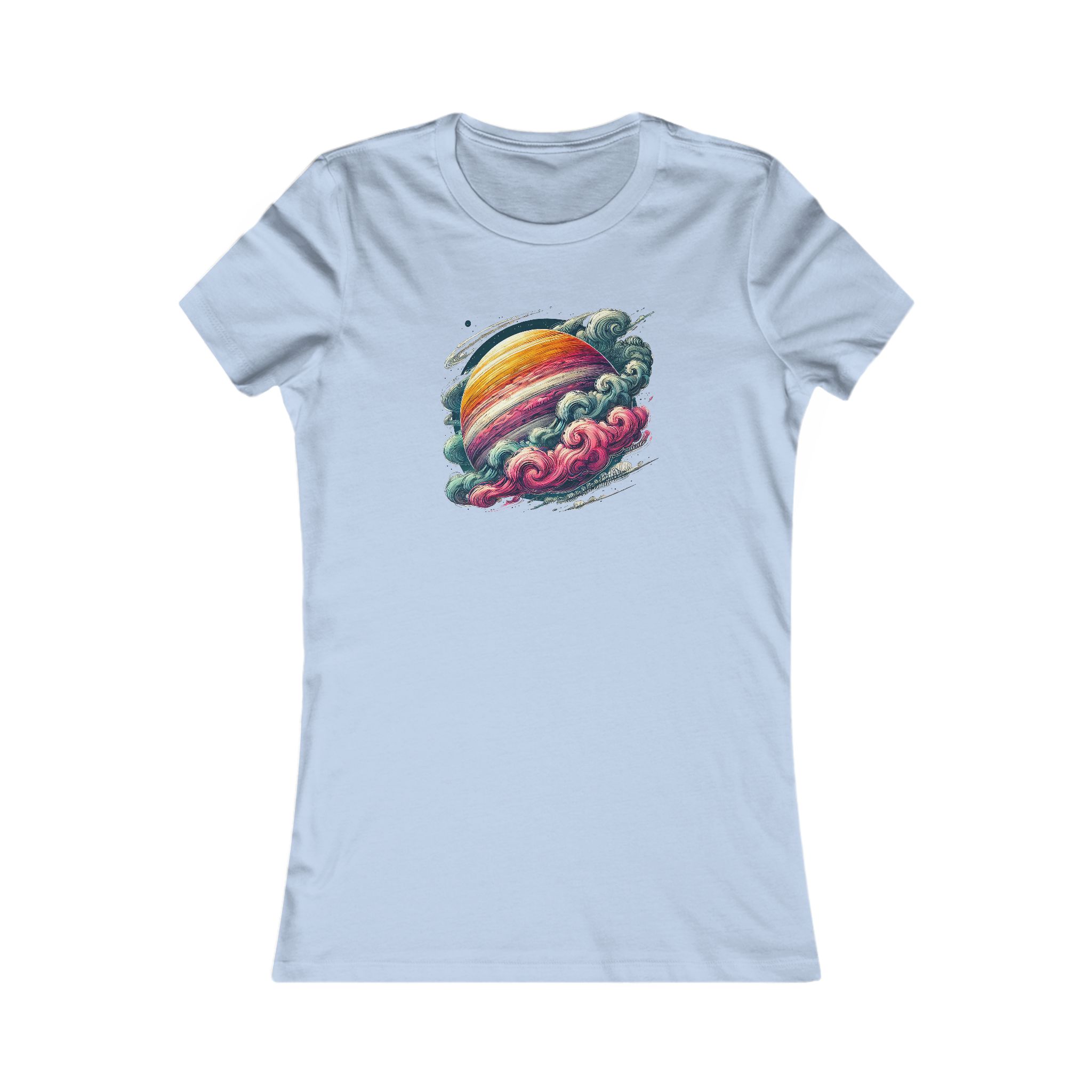 Light blue t-shirt featuring a colorful graphic of a planet surrounded by clouds.
