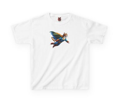 White T-shirt with Superhero Cat Design