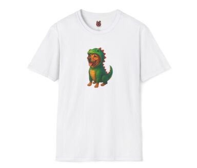 White T-shirt with Dinosaur Dog Graphic