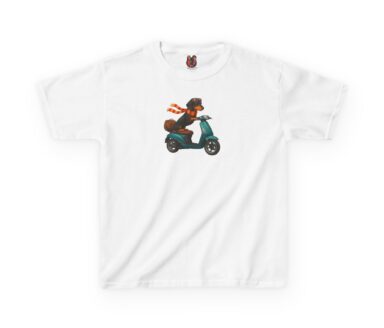 White T-Shirt with Dog Riding Scooter Design