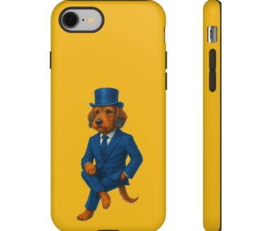 Funda de teléfono de perro con traje y sombrero de copa