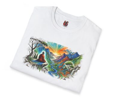 White T-Shirt with Colorful Mountain and Meditation Design