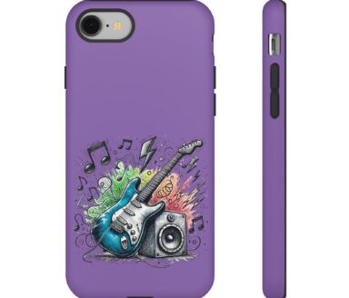 Funda de teléfono morada con diseño musical de guitarra