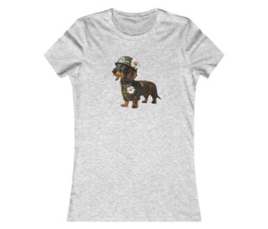 Dachshund in a Gray T-Shirt with Floral Design