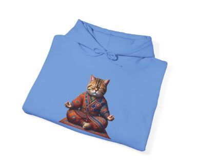 Gato con sudadera azul en pose de meditación