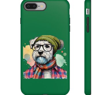 Funda de teléfono temática de perro verde con ilustración