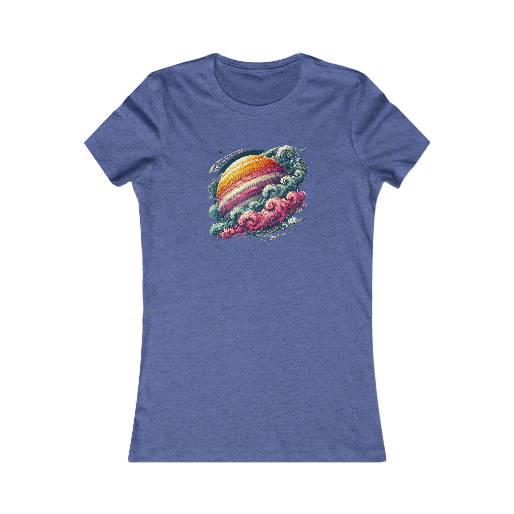 Blue t-shirt featuring a colorful planet design surrounded by clouds.