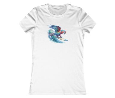 White T-Shirt with Parrot Surfing Design