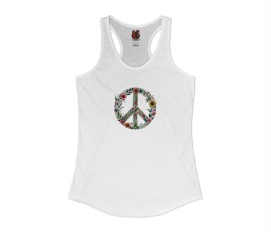 Camiseta sin mangas blanca con símbolo de la paz floral