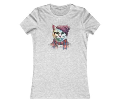 Cat Graphic T-Shirt with Glasses and Scarf