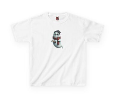 White T-Shirt with Cartoon Ghost Design