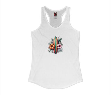 White Tank Top with Surfboard and Fruit Design