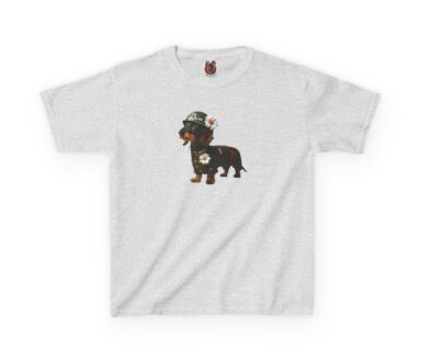 Dog Wearing Hat and Outfit on Gray T-Shirt