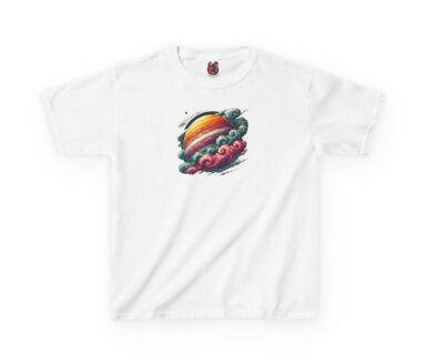 Camiseta blanca con diseño de planeta y nube