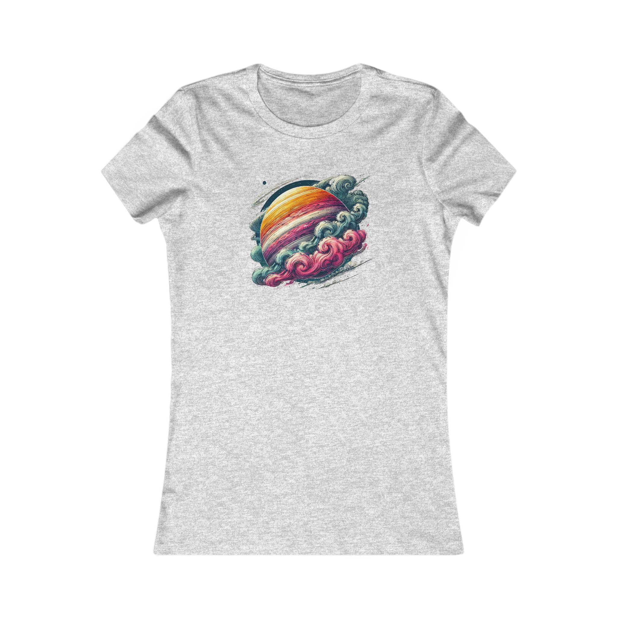 Gray t-shirt featuring a colorful planet design with clouds and waves in vibrant colors.