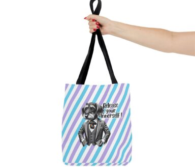 Bolso tipo tote con estampado de perro y fondo a rayas