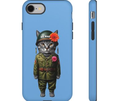 Cat in Military Outfit with Helmet and Flowers