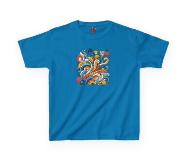 Blue T-Shirt with Colorful Swirl Design