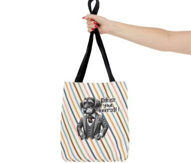 Bolso de mano con ilustración de perro y diseño a rayas