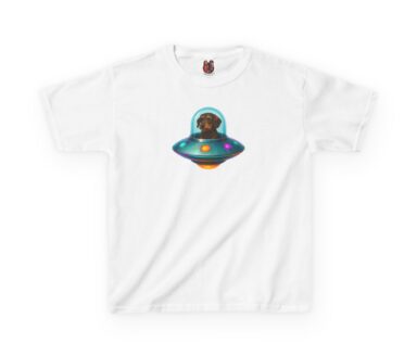 White T-Shirt with Dog in UFO Design