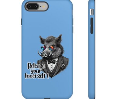 Étui pour téléphone portable en sanglier stylisé avec texte