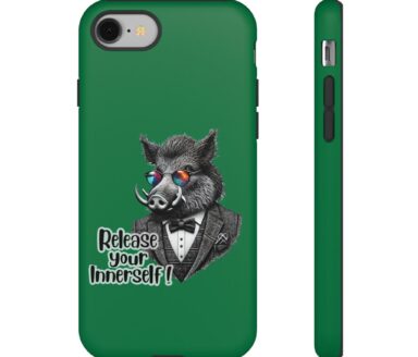 Etui de téléphone vert avec illustration de sanglier