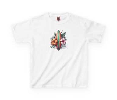 White T-shirt with Surfboard and Floral Design