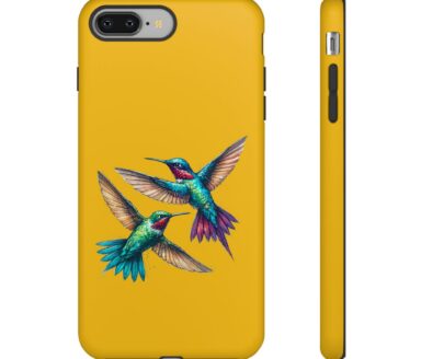 Funda de teléfono amarilla con diseño de colibrí