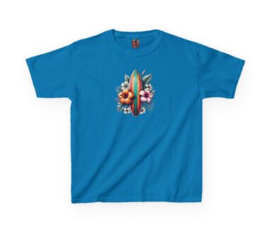 Blue T-shirt with Surfboard and Floral Design