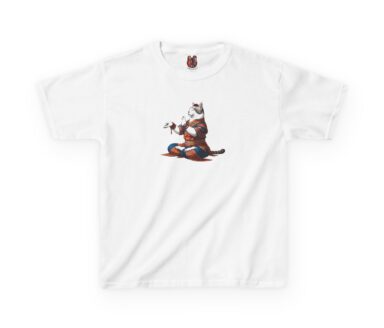 T-shirt blanc avec un design de samouraï félin