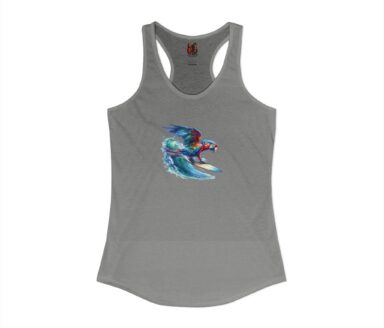 Camiseta sin mangas gris con diseño de un loro haciendo surf