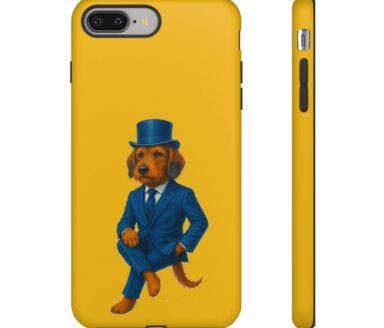 Funda de teléfono de perro con traje y sombrero de copa