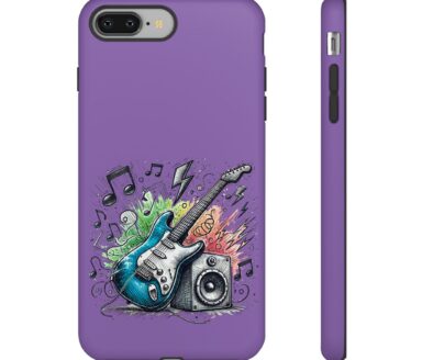 Funda de teléfono morada con diseño musical de guitarra